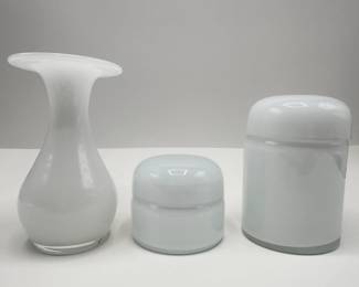 Set Vintage Polish Hand Blown White Glass Covered Canisters & Vase, Unused
Lot #: 52