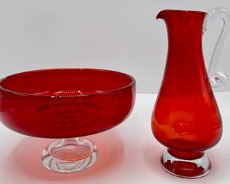 Vintage Polish Hand Blown Ruby Red Glass Pitcher & Pedestal Bowl, Unused
Lot #: 38