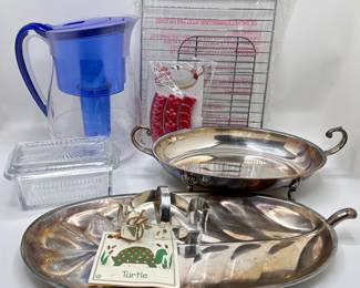 2 Silver Plate Platters, French Butter Dish, Brita Water Pitcher & Baking Supplies
Lot #: 220