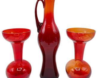 Set Vintage Polish Hand Blown Ruby Red Glass Vases & Pitcher, Unused
Lot #: 37