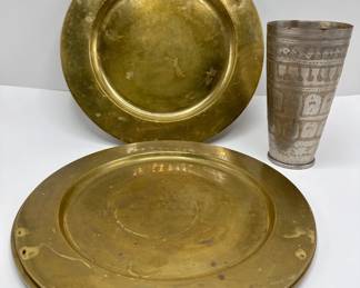 3 Mexican Brass Chargers & Hand Carved Silver Clad Brass Cup From Antiquarius Imports
Lot #: 100