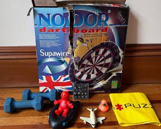 New Nordor Supawire Bristle Dartboard, Hand Weights, Pool Floats & Other Small Toys
Lot #: 222