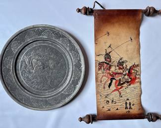 Iranian Hand Painted Leather Scroll & White Metal Plate Ready To Hang
Lot #: 173