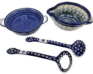 Hand Made Polish Ceramics: Bowl With Spout, Bowl With Handles & Set Salad Servers, Unused
Lot #: 26