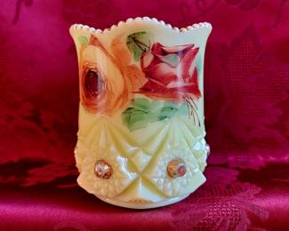 Fenton custard glass hand painted vase