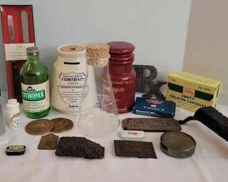 Vintage Pharmacy Collectibles Brass Aspirin Paperweight, Pill Press, And More