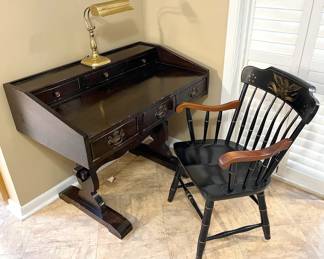 Antique Wooden Desk, Colonial Armchair, Brass Lamp