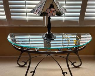Ornate Metal Glass Console Table With Floral Lamp