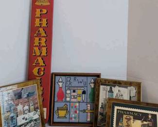 Vintage Pharmacy Needlepoint, Postage Stamp, And More Wall Decor