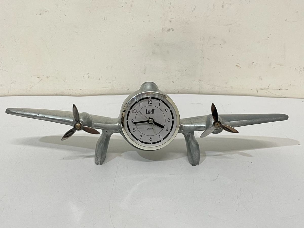 Vintage Lizell ~ Airplane Mantle Display Table Top Clock ~ 13in x 4in