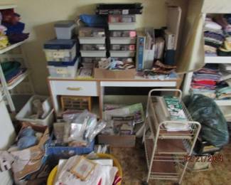 sewing/quilting/craft items, desk, roll cart