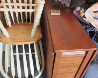 set of 4 painted chairs and one view of the Romanian Gate leg drop leaf table with 4 stowaway chairs