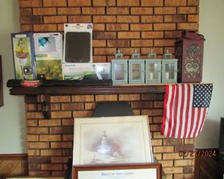 framed print and assorted outdoor items, lanterns