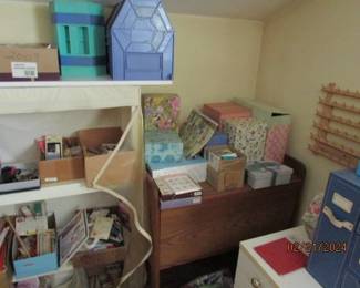 scrapbook and cards and wooden flip top desk