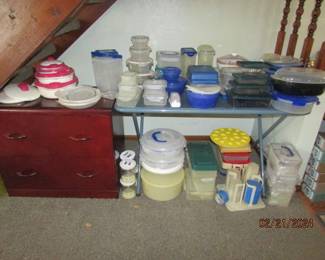 Assortment of plastic ware and wooden file cabinet