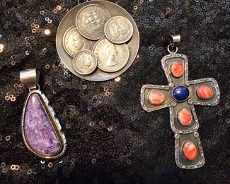 Sterling silver amethyst, cross and coin pendant 