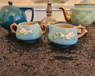 Roseville Blue Apple Blossom cream and sugar 