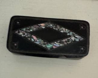 21/2" Wide Lacquered Snuff Box with Metal and Mother of Pearl Inlay. Circa 1880. Photo 2 of 3.