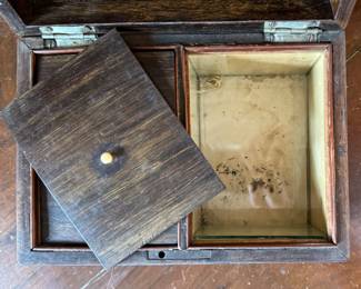 Vintage English Tea Box / Caddy With Metal and Mother of Pearl Inlay. Photo 3 of 3.