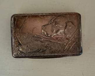 2.75" W Silver Plated Snuff Box with Head of Hunting Dog and Downed Bird. Circa 1910. Photo 2 of 3.