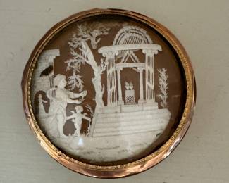 Celluloid Snuff Box with Lace Type Three Dimensional Scene of Women and Putti. 14K Yellow Gold on Cover. Circa 1875. Photo 2 of 3.