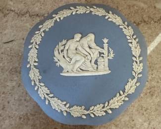 Vintage Wedgewood Blue Jasperware Oval Lidded Trinket Box. Photo 2 of 3.