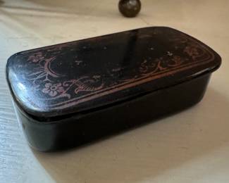 2.5" Wide Ebonized Wood Snuff Box with Rounded Corners and Orange Enamel Stencil. Circa 1900. Photo 1 of 2.