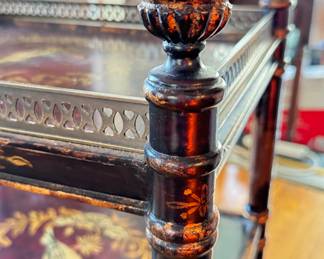 Vintage Hand-Painted Bird Motif Three-Tier Side Table on Casters with Finials and Brass Gallery. Photo 2 of 5.