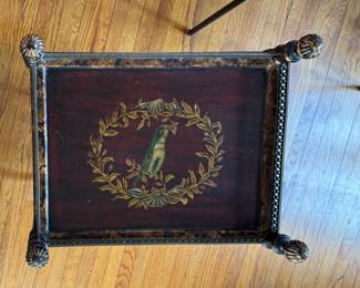 Vintage Hand-Painted Bird Motif Three-Tier Side Table on Casters with Finials and Brass Gallery. Photo 3 of 5.