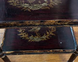 Vintage Hand-Painted Bird Motif Three-Tier Side Table on Casters with Finials and Brass Gallery. Photo 4 of 5.