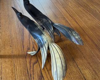 Pair of Vintage Hand-Carved Cow Horn Bird Sculptures. Photo 1 of 2.
