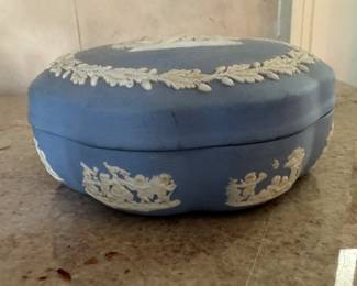 Vintage Wedgewood Blue Jasperware Oval Lidded Trinket Box. Photo 1 of 3.