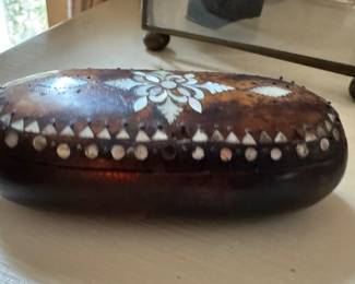 Large Oval Wooden Snuff Box with Metal and Mother of Pearl Inlay. Circa 1835. Photo 1 of 2.