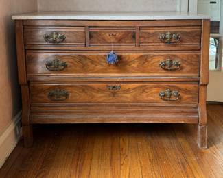 Antique Chest of Drawers with Marble Top and Brass Drawer Pulls. Measures 48" W x 22" D x 42" H. Photo 1 of 4.