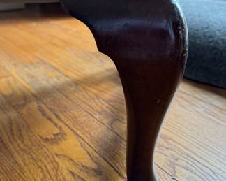 Early 1900s Queen Anne-Style Wing Back Chair Upholstered in Blue Damask Fabric with Down Filled Cushion. Measures 34" x 34." Photo 3 of 3.