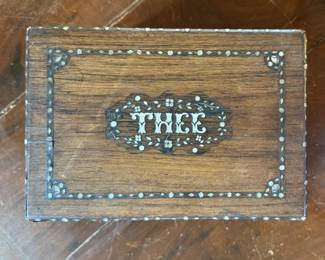 Vintage English Tea Box / Caddy With Metal and Mother of Pearl Inlay. Photo 2 of 3.