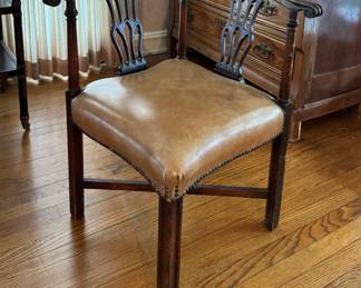 Vintage Mahogany Corner Chair Chair With Caramel Color Leather Upholstered Seat and Nail Head Trim. Measures 30" W x 20" H. Photo 1 of 5.
