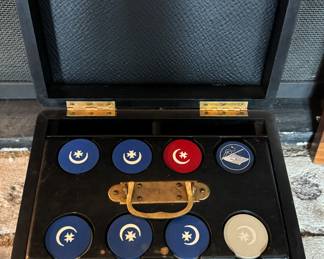 Vintage set of Poker Chips in Ebonized Wood Storage Box.