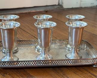 Set of 6 Sterling Silver (Weighted) Cordials with Silver Plate Tray. Photo 1 of 2.