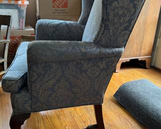 Early 1900s Queen Anne-Style Wing Back Chair Upholstered in Blue Damask Fabric with Down Filled Cushion. Measures 34" x 34." Photo 2 of 3.