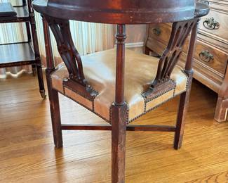 Vintage Mahogany Corner Chair Chair With Caramel Color Leather Upholstered Seat and Nail Head Trim. Measures 30" W x 20" H. Photo 2 of 5.