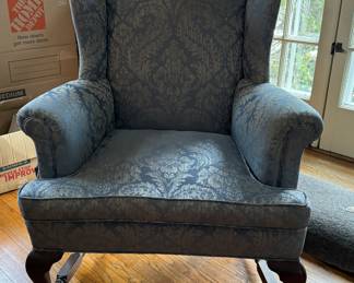 Early 1900s Queen Anne-Style Wing Back Chair Upholstered in Blue Damask Fabric with Down Filled Cushion. Measures 34" x 34." Photo 1 of 3.