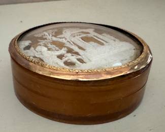 Celluloid Snuff Box with Lace Type Three Dimensional Scene of Women and Putti. 14K Yellow Gold on Cover. Circa 1875. Photo 1 of 3.