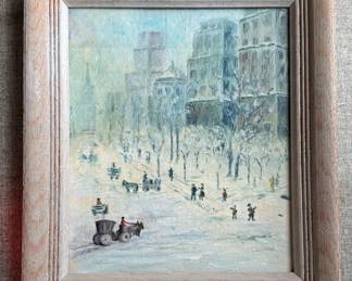 Winter Scene, "Winter 1925," Oil on Board. Measures 7.5" x 9"; 10" x 11.5" Including Frame.