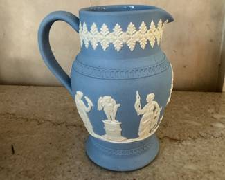 Vintage Dudson Brothers Hanley Blue Jasparware Pitcher. Photo 1 of 2.