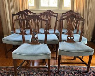 Set of 8 Mid-18th Century (Circa 1770) Mahogany Thomas Chippendale Dining Chairs with Light Blue Velvet Upholstery. Photo 1 of 4.
