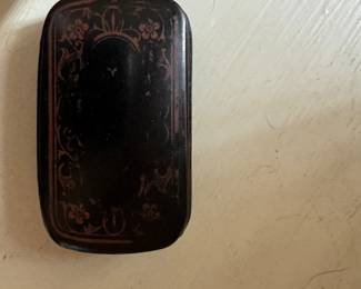 2.5" Wide Ebonized Wood Snuff Box with Rounded Corners and Orange Enamel Stencil. Circa 1900. Photo 2 of 2.