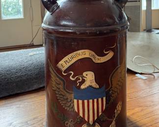 Vintage Metal Milk Jug with Bald Eagle & American Flag Motif. Photo 1 of 2.