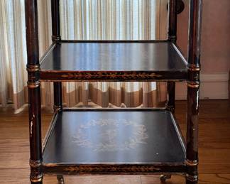 Vintage Hand-Painted Bird Motif Three-Tier Side Table on Casters with Finials and Brass Gallery. Photo 1 of 5.