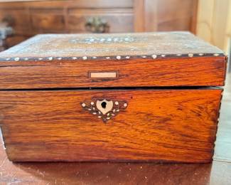 Vintage English Tea Box / Caddy With Metal and Mother of Pearl Inlay. Photo 1 of 3.